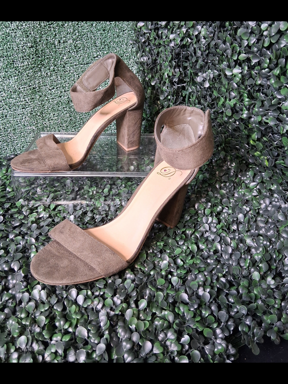 Classic Suede Ankle-Strap Block Heels in Taupe